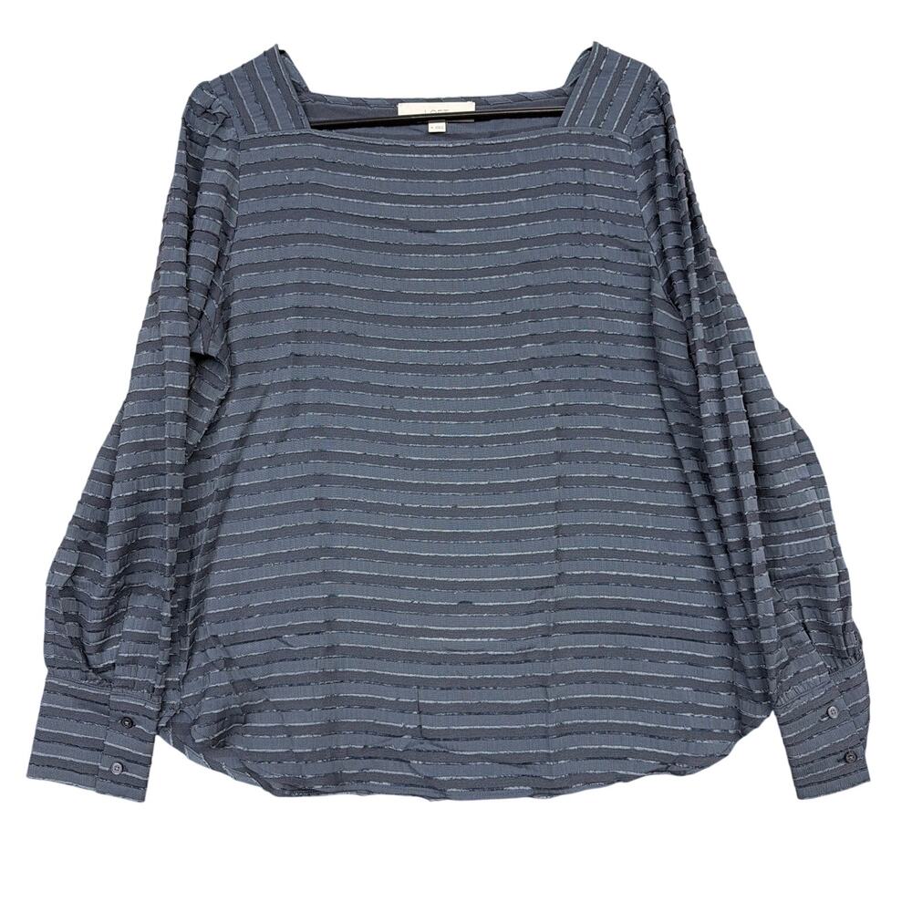 LOFT Womens Blouse Gray Blue Textured Striped Square Neck Long Sleeve Medium